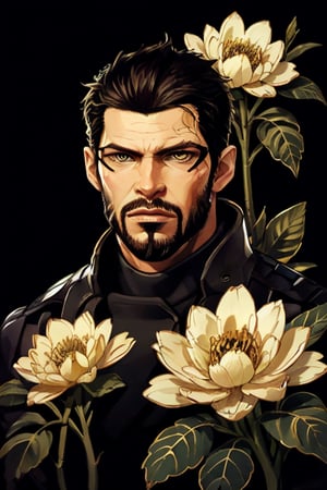 Adam Jensen enveloped in a thick wall of flowers. Upper body portrait. Black or dark background. Looking away from camera. Slightly colder pallete, colder filter.

Masterpiece, photorealistic, golden eyes, jensenDX,

overlooking, documentary,

Zhostovo painting, black theme