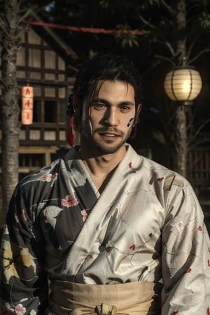 Highly detailed, High Quality, Masterpiece, beautiful, sole_male, 1boy, solo, male_focus, manly, Jetstream Sam, Half body portrait, facial hair, beard, vertical scar on face, european face, brazilian face, beautiful photography, stage photography, interesting pose, unusual head tilt, traditional japanese background, male yukata, red_yukata, haori, gaze somewhere, videogame screenshot, volumetric light, gorgeous light, colorful paper kites and japanese paper lanterns around