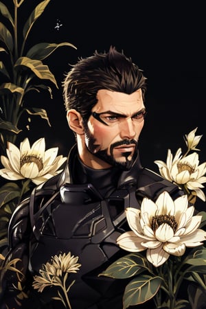 Adam Jensen enveloped in a thick wall of flowers. Upper body portrait. Black or dark background. Looking away from camera. Slightly colder pallete, colder filter.

Masterpiece, photorealistic, golden eyes, jensenDX,

overlooking, documentary,

Zhostovo painting, black theme