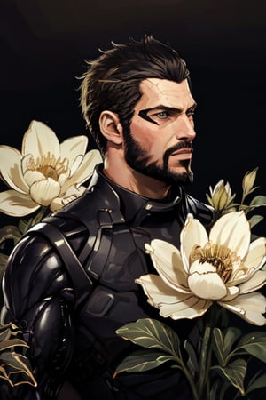 Adam Jensen enveloped in a thick wall of flowers. Upper body portrait. Black or dark background. Looking away from camera. Slightly colder pallete, colder filter.

Masterpiece, photorealistic, golden eyes, jensenDX,

overlooking, documentary,

Zhostovo painting, black theme