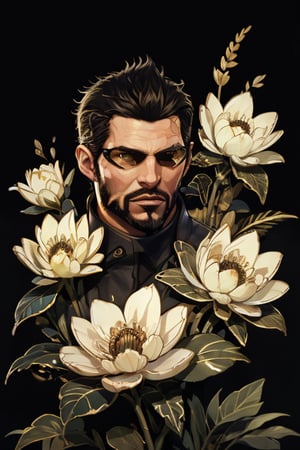 Adam Jensen enveloped in a thick wall of flowers. Upper body portrait. Black or dark background. Looking away from camera. Slightly colder pallete, colder filter.

Masterpiece, photorealistic, golden eyes, jensenDX,

overlooking, documentary,

Zhostovo painting, black theme