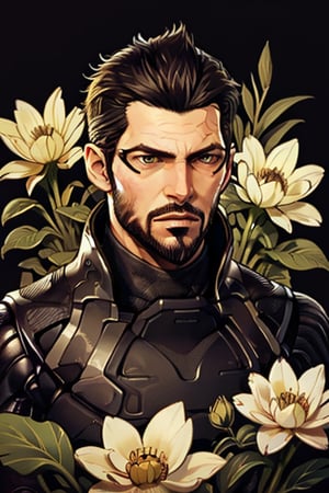 Adam Jensen enveloped in a thick wall of flowers. Upper body portrait. Black or dark background. Looking away from camera. Slightly colder pallete, colder filter.

Masterpiece, photorealistic, golden eyes, jensenDX,

overlooking, documentary,

Zhostovo painting