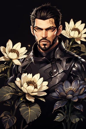 Adam Jensen enveloped in a thick wall of flowers. Upper body portrait. Black or dark background. Looking away from camera. Slightly colder pallete, colder filter.

Masterpiece, photorealistic, golden eyes, jensenDX,

overlooking, documentary,

Zhostovo painting, black theme