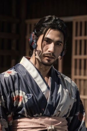 Highly detailed, High Quality, Masterpiece, beautiful, sole_male, 1boy, solo, male_focus, manly, Jetstream Sam, Half body portrait, facial hair, beard, vertical scar on face, european face, brazilian face, beautiful photography, stage photography, interesting pose, unusual head tilt, traditional japanese background, male yukata, furisode, red_yukata, haori, gaze somewhere