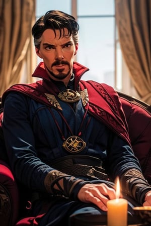 A solemn, bespectacled Dr. Stephen Strange sits comfortably in a plush, velvet armchair, adorned with intricate carvings and ornate upholstery. Soft, golden light casts a warm glow on his contemplative face, as he leans forward slightly, his hands clasped together in thought. A rich, crimson-colored drapery hangs majestically behind him, while the muted tones of the room's furnishings evoke the era's opulence.

Simple Background, Upper Body, Masterpiece, photorealistic,
stephen_strange