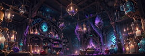 Highly detailed,  High Quality,  Masterpiece,  beautiful,  (best quality:1.2), storybook detailed illustration, cinematic, ultra highly detailed, tiny details, beautiful details, mystical, luminism, vibrant colors, fantasy00d,FFIXBG,EpicArt,perfect,ff14bg,
Spacious, dark and mysterious, fairy-tale potion shop, a lot of potions, dreamcatchers hanging from the ceiling, fireflies in jars, various ingredients in jars, alchemy shop, amulet shop, windowless interior, taxidermy animal statues, fabrics on the ceiling, giant fireplace, wrench_elven_arch, shelves of jars and flasks and candles instead of walls,Night scene,
a lot of red, blue and purple colors, golden fire