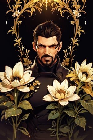 Adam Jensen enveloped in a thick wall of flowers. Upper body portrait. Black or dark background. Looking away from camera. Slightly colder pallete, colder filter.

Masterpiece, photorealistic, golden eyes, jensenDX,

overlooking, documentary,

Zhostovo painting