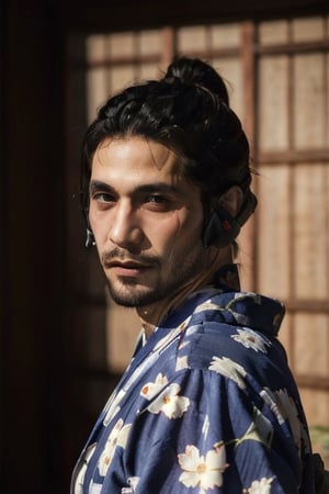 Highly detailed, High Quality, Masterpiece, beautiful, sole_male, 1boy, solo, male_focus, manly, Jetstream Sam, Half body portrait, facial hair, beard, vertical scar on face, european face, brazilian face, beautiful photography, stage photography, interesting pose, unusual head tilt, traditional japanese background, male yukata, red_yukata, haori, gaze somewhere
