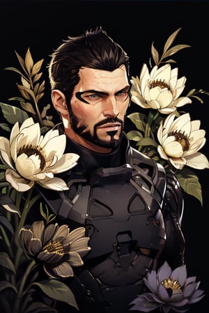 Adam Jensen enveloped in a thick wall of flowers. Upper body portrait. Black or dark background. Looking away from camera. Slightly colder pallete, colder filter.

Masterpiece, photorealistic, golden eyes, jensenDX,

overlooking, documentary,

Zhostovo painting, black theme