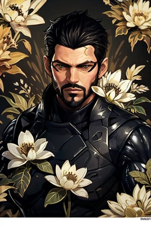 Adam Jensen enveloped in a thick wall of flowers. Upper body portrait. Black or dark background. Looking away from camera. Slightly colder pallete, colder filter.

Masterpiece, photorealistic, golden eyes, jensenDX,

overlooking, documentary,

Zhostovo painting, black theme