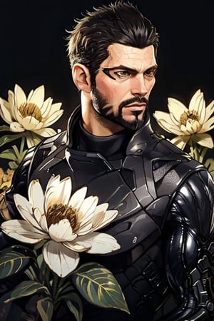 Adam Jensen enveloped in a thick wall of flowers. Upper body portrait. Black or dark background. Looking away from camera. Slightly colder pallete, colder filter.

Masterpiece, photorealistic, golden eyes, jensenDX,

overlooking, documentary,

Zhostovo painting, black theme