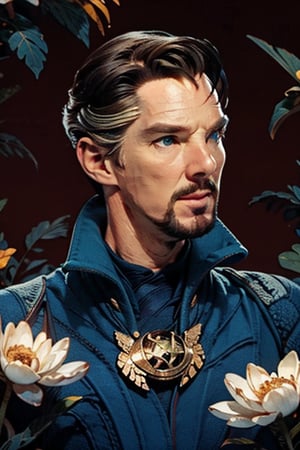 Dr. Stephen Strange enveloped in a thick wall of flowers. Upper body portrait. Dark red background. Looking away from camera.

Masterpiece, photorealistic, green-blue eyes,
stephen_strange