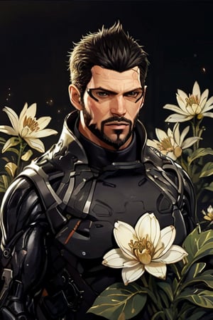 Adam Jensen enveloped in a thick wall of flowers. Upper body portrait. Black or dark background. Looking away from camera. Slightly colder pallete, colder filter.

Masterpiece, photorealistic, golden eyes, jensenDX,

overlooking, documentary,

Zhostovo painting, black theme