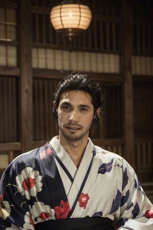 Highly detailed, High Quality, Masterpiece, beautiful, sole_male, 1boy, solo, male_focus, manly, Jetstream Sam, Half body portrait, facial hair, beard, vertical scar on face, european face, brazilian face, beautiful photography, stage photography, interesting pose, unusual head tilt, traditional japanese background, male yukata, furisode, red_yukata, haori, gaze somewhere