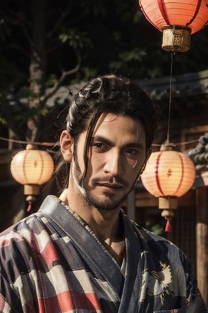 Highly detailed, High Quality, Masterpiece, beautiful, sole_male, 1boy, solo, male_focus, manly, Jetstream Sam, Half body portrait, facial hair, beard, vertical scar on face, european face, brazilian face, high ponytail, beautiful photography, professional photography, interesting pose, unusual head tilt, traditional japanese background, male yukata, red_yukata, haori, gaze away, videogame screenshot, volumetric light, gorgeous light, colorful paper kites and japanese paper lanterns around