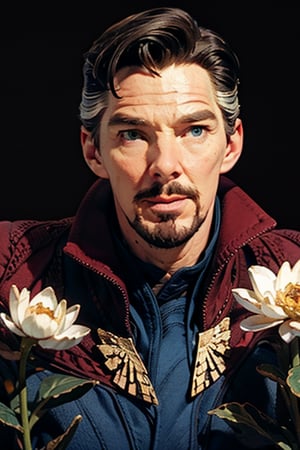 Dr. Stephen Strange enveloped in a thick wall of flowers. Upper body portrait. Dark red background. Looking away from camera.

Masterpiece, photorealistic, green-blue eyes,
stephen_strange,

overlooking, documentary,

Zhostovo painting