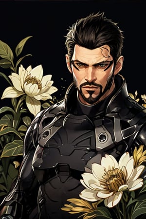 Adam Jensen enveloped in a thick wall of flowers. Upper body portrait. Black or dark background. Looking away from camera. Slightly colder pallete, colder filter.

Masterpiece, photorealistic, golden eyes, jensenDX,

overlooking, documentary,

Zhostovo painting, black theme