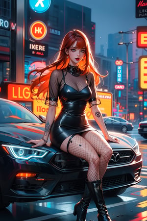 1girl, long orange hair, dark eyes, dark lipstick, tattoos on arm, piercings, black dress, fishnet stockings, black boots, sitting on wet road, cars in background, neon lights, blurry background, red and blue lighting, night, outdoor, detailed