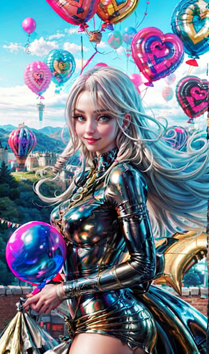 A 20-year-old woman looking in the direction of an unknown object (a familiar face) Angel, angel wings, balloons, heart balloons, wind, rope, earth landscape, medieval castle, lake, mountains, clouds, clear sky, colorful balloons (balloons: 1.5) Blue and white tones, smiles, epic, Celestia, fantasy world, beautiful world.