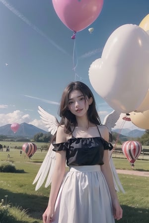 A 20-year-old woman looking in the direction of an unknown object (a familiar face) Angel, angel wings, balloons, heart balloons, wind, rope, earth landscape, medieval castle, lake, mountains, clouds, clear sky, colorful balloons (balloons: 1.5) Blue and white tones, smiles, epic, Celestia, fantasy world, beautiful world.