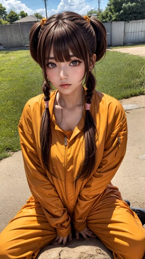 BREAK 1girl, solo,  mrndnkk, pink eyes, brown hair, twintails, very long hair, bangs, orange jumpsuit, prison clothes, prisoner, shackles, standing, outdoors, looking at viewer, pout, sitting