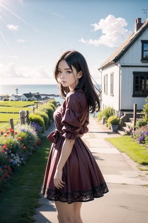 A beautiful young woman with short, flowing dark hair with red highlights, wearing a vibrant red dress, standing on a picturesque path leading to a charming coastal cottage. The scene captures the woman in a dynamic, thoughtful pose, looking towards the horizon. Her dress gently flows with the breeze, showcasing realistic fabric textures and soft lighting. The background features a quaint cottage with a red-tiled roof, surrounded by lush, green fields and blooming wildflowers. The sky is bright blue with fluffy white clouds, and the ocean is visible in the distance with sailboats dotting the horizon. The composition emphasizes realistic textures, detailed lighting, and a serene, idyllic atmosphere.