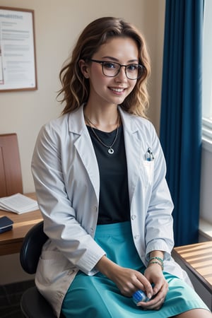 (female): solo, (perfect face), (detailed outfit), (20 years old), doctor, happy, smiling, (sitting), brown hair, medium hair, wavy hair, blue eyes, light skin, medium chest_circumference, (white coat), (black skirt), (glasses), (necklace), (friendship bracelet) (background): from front, indoor, clinic, (desk), (curtain), (medicine bottle), (patient's chair), afternoon, sunny (effects): (masterpiece), (best quality), (sharp focus), (depth of field), (high res)