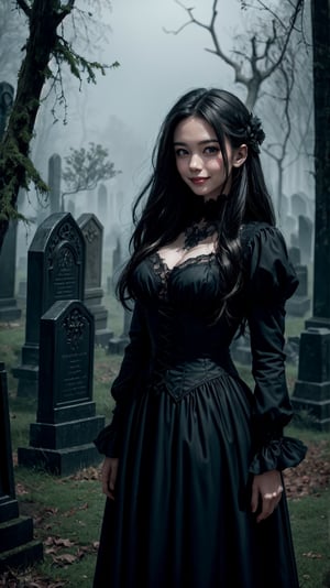 {{A haunting depiction of a young woman}} with intense green eyes, clad in elegant Victorian attire, stands amidst a fog-shrouded graveyard, surrounded by towering tombstones and gnarled trees. This is a gothic-inspired image that embodies the {((subject description))} and their connection to the eerie beauty of the supernatural. The environment/background should be a misty graveyard, enveloped in darkness and mystery, to evoke a sense of foreboding and fascination. The image should be in the style of a digital illustration, drawing inspiration from Gothic literature and dark romanticism. The medium shot, captured with a medium telephoto lens, will provide a balanced view of the atmospheric setting and the enigmatic figure. The lighting should be moody, with shafts of moonlight piercing through the fog to illuminate key elements of the scene. The desired level of detail is high with a resolution suitable for print, allowing for the exploration of both the gothic setting and the haunting presence of the subject. The goal is to create an image that captivates viewers with its dark beauty and evocative atmosphere, inviting them to delve into the mysteries of the night.
