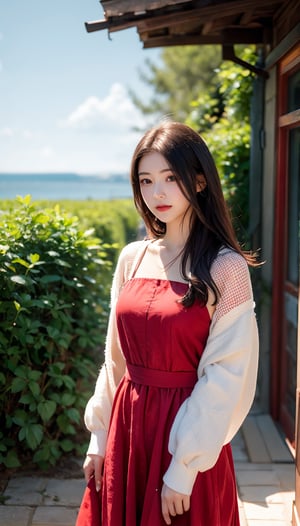 A beautiful young woman with short, flowing dark hair with red highlights, wearing a vibrant red dress, standing on a picturesque path leading to a charming coastal cottage. The scene captures the woman in a dynamic, thoughtful pose, looking towards the horizon. Her dress gently flows with the breeze, showcasing realistic fabric textures and soft lighting. The background features a quaint cottage with a red-tiled roof, surrounded by lush, green fields and blooming wildflowers. The sky is bright blue with fluffy white clouds, and the ocean is visible in the distance with sailboats dotting the horizon. The composition emphasizes realistic textures, detailed lighting, and a serene, idyllic atmosphere.