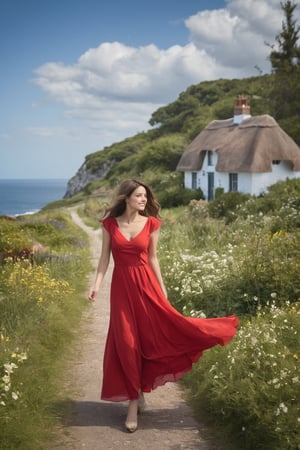 A beautiful young woman with short, flowing dark hair with red highlights, wearing a vibrant red dress, standing on a picturesque path leading to a charming coastal cottage. The scene captures the woman in a dynamic, thoughtful pose, looking towards the horizon. Her dress gently flows with the breeze, showcasing realistic fabric textures and soft lighting. The background features a quaint cottage with a red-tiled roof, surrounded by lush, green fields and blooming wildflowers. The sky is bright blue with fluffy white clouds, and the ocean is visible in the distance with sailboats dotting the horizon. The composition emphasizes realistic textures, detailed lighting, and a serene, idyllic atmosphere.