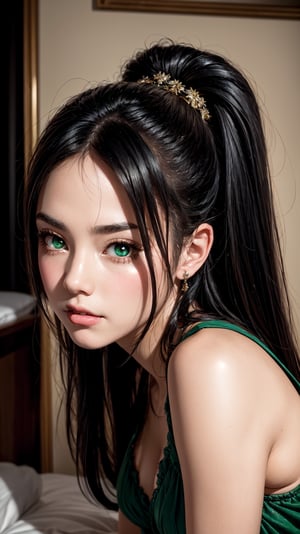 1 cute succubus girl with shiny black hair, two ponytails, green eyes, beautiful detailed face and eyes, stands in front of a bed, black wings, black high heels,, masterpiece, best quality, ultra-detailed, best shadow, detailed background, high contrast, photography, 35mm, Nikon D850 film stock photograph, Kodak Portra 400 camera f1.6 lens, 8k, UHD, retouched in the styles of pino daeni, Waterhouse, Greg Olsen, Carne Griffiths, Alex Ross, , Craig Mullins, Jon Burgerman ,Geof Darrow,, TzigoCuteSuccubus1,