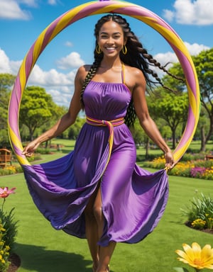 A park with green lawn, trees, flowerbeds, benches, a playground and a pond. BREAK In the center of the image, a 21-year-old girl stands around in a purple dress with long black braided hair. She twirls a hula hoop around her waist and smiles toward the camera. Her eyes are big and bright and her cheeks are flushed. She holds in her hand another hula-hula with blue and green stripes. Near her feet, on the ground, is a hula hoop with pink and yellow stripes. REST Above the image, a blue sky with white clouds. The sun shines brightly, giving warmth and luminosity to the image. BREAK The image expresses the girl's fun and happiness, and makes the viewer feel the nature and vitality of the park. The image is colorful and vivid, and gives energy and smile to the viewer. BREAK delicate facial features, extremely detailed fine touch.