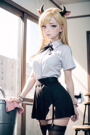 (female): solo, (perfect face), (detailed outfit), (20 years old), inn worker, (cow ears), relaxed, content, (cleaning), pale hair, long hair, asymmetrical hair, blue eyes, light skin, large chest_circumference, (short-sleeve coat), (mini skirt), (black thighhighs), (large ribbon), (friendship bracelet) (background): from front, indoor, (inn), (bathhouse), (towels), (buckets), (stools), evening, (effects): (masterpiece), (best quality), (sharp focus), (depth of field), (high res), more_details:-1, more_details:0, more_details:0.5, more_details:1, more_details:1.5, kawaiitech, pastel colors, kawaii, cute colors
