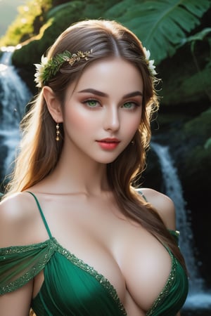 (Best quality, 8k, 32K, Masterpiece, UHD:1.3),Image of a glamorous elf girl, 1girl, ((huge breasts :1.5)), (Abs, Slim figure, perfect body:1.2), Medium long hair: 1.1, (Wet green erotic dress: 1.1), (outdoor, sunset: 1. 5), on the girl falls a natural waterfall bathing all wet sensually, provocative look, sensual pose, ultra detailed face, detailed lips, detailed eyes, double eyelids, natural scenery, nature, lots of flowers, lots of living nature, photography, high details, good lighting.