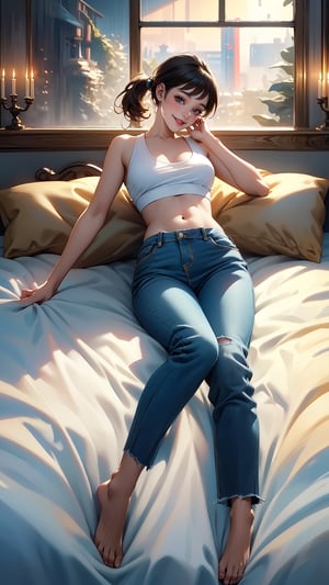masterpiece:2.0, extremely and best quality, (((best quality))), ((ultra-detailed)), ((high resolution, 16k)), (((extremely and ultra detailed))), 1girl, girl grinning, (((on back, on bed))), tank top, short jean, full body, cutify, cute, colorful, adorable,