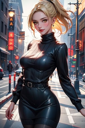 masterpiece, best quality, 1girl, shiny skin, cinematic lighting, medium breasts, looking at viewer, messy hair, blonde hair, yellow eyes, solo, autumn, outdoors, smile, blush, windy, black sweater dress, ribbed, knit, turtleneck sweater dress, black pantyhose, walking, city, shopping, dynamic angle, close-up, ultra-detailed, 8k, rtx, ambient occlusion, rim lighting, bustling