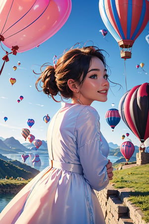 A 20-year-old woman looking in the direction of an unknown object (a familiar face) Angel, angel wings, balloons, heart balloons, wind, rope, earth landscape, medieval castle, lake, mountains, clouds, clear sky, colorful balloons (balloons: 1.5) Blue and white tones, smiles, epic, Celestia, fantasy world, beautiful world.