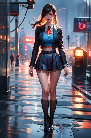 1girl, solo, colorful, vivid colors, perfect female form, cute face, large breasts, long hair, fit body, abs, thigh gap, long legs, looking at viewer, school uniform, microskirt, plaid skirt, fishnets, A woman is standing in a roof, overlooking a cyberpunk city and steampunk in the dark and rain, against the backdrop of the cyberpunk city skyline and the night sky, cyberpunk steampunk, perfect quality, high quality, photorealistic, dynamic pose BREAK orange and blue hue, (abstract:0.2), at night, water particles,   knva,    concept art,    expressiveh   