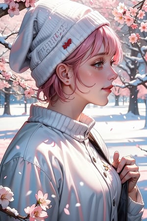 22 year old Girl, cute, solo, knit cap, profile, pink hair, short hair, smooth bangs, smile, snow out of season, cherry blossoms, admiring flowers, white breath, upper body close-up, out of focus background, cherry blossom trees, dim light, cloudy, sun Angle from inside and side,snow full,
