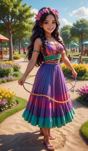 A park with green lawn, trees, flowerbeds, benches, a playground and a pond. BREAK In the center of the image, a 21-year-old girl stands around in a purple dress with long black braided hair. She twirls a hula hoop around her waist and smiles toward the camera. Her eyes are big and bright and her cheeks are flushed. She holds in her hand another hula-hula with blue and green stripes. Near her feet, on the ground, is a hula hoop with pink and yellow stripes. REST Above the image, a blue sky with white clouds. The sun shines brightly, giving warmth and luminosity to the image. BREAK The image expresses the girl's fun and happiness, and makes the viewer feel the nature and vitality of the park. The image is colorful and vivid, and gives energy and smile to the viewer. BREAK delicate facial features, extremely detailed fine touch.,