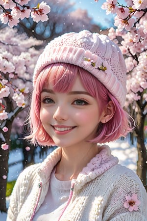 22 year old Girl, cute, solo, knit cap, profile, pink hair, short hair, smooth bangs, smile, snow out of season, cherry blossoms, admiring flowers, white breath, upper body close-up, out of focus background, cherry blossom trees, dim light, cloudy, sun Angle from inside and side,snow full,
