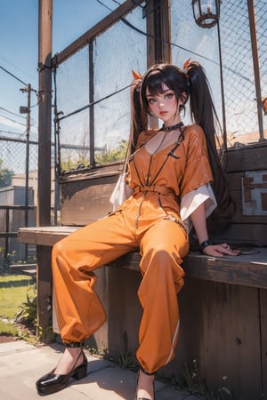 BREAK 1girl, solo,  mrndnkk, pink eyes, brown hair, twintails, very long hair, bangs, orange jumpsuit, prison clothes, prisoner, shackles, standing, outdoors, looking at viewer, pout, sitting