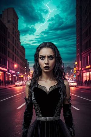 woman in a (black velvet dress, very long dress) with (jet black hair), expressive face, detailed features, (((afraid, look of fear, fearful, panic, scared, terrified look, horrified expression, shocked))), emotional, very detailed eyes, dark eyes, black eyes, wide eyed, masterpiece, best quality, ultra detailed, intricate details, highly detailed, fine details, sharp focus, depth of field, gloomy lighting, dark city street, empty city street, cityscape, dark skies, modern setting, dynamic views, ,LowRA,starrystarscloudcolorful
