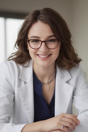 (female): solo, (perfect face), (detailed outfit), (20 years old), doctor, happy, smiling, (sitting), brown hair, medium hair, wavy hair, blue eyes, light skin, medium chest_circumference, (white coat), (black skirt), (glasses), (necklace), (friendship bracelet) (background): from front, indoor, clinic, (desk), (curtain), (medicine bottle), (patient's chair), afternoon, sunny (effects): (masterpiece), (best quality), (sharp focus), (depth of field), (high res)