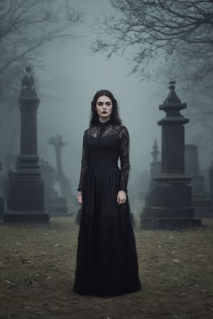 {{A haunting depiction of a young woman}} with intense green eyes, clad in elegant Victorian attire, stands amidst a fog-shrouded graveyard, surrounded by towering tombstones and gnarled trees. This is a gothic-inspired image that embodies the {((subject description))} and their connection to the eerie beauty of the supernatural. The environment/background should be a misty graveyard, enveloped in darkness and mystery, to evoke a sense of foreboding and fascination. The image should be in the style of a digital illustration, drawing inspiration from Gothic literature and dark romanticism. The medium shot, captured with a medium telephoto lens, will provide a balanced view of the atmospheric setting and the enigmatic figure. The lighting should be moody, with shafts of moonlight piercing through the fog to illuminate key elements of the scene. The desired level of detail is high with a resolution suitable for print, allowing for the exploration of both the gothic setting and the haunting presence of the subject. The goal is to create an image that captivates viewers with its dark beauty and evocative atmosphere, inviting them to delve into the mysteries of the night.

