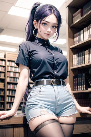A close-up shot of a stunning young woman with vibrant purple hair styled in a ponytail and frilled hair band, her piercing blue eyes half-opened as she gazes directly at the viewer. She stands confidently inside a cozy library setting, wearing a crisp white button-down shirt with short sleeves, paired with high-waisted blue shorts and a black belt. Her curves are accentuated by brown pantyhose, showcasing her impressive figure. A warm smile plays on her lips as she poses, radiating confidence and charm.