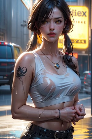 (realistic:2), (photorealistic:2),  volumetric lighting, raytracing, realistic reflection detail, backlighting,  hand on own chest, 
cinematic 3D render, Unreal Engine 5, extreme detail, female warrior in a dynamic pose, realistic skin texture, detailed clothing, vibrant and glowing background, exaggerated particles, rich color palette, high-contrast lighting, realistic shadows, immersive scene
beige hair, yellow eyes,  low twintails, dirty tank top slightly torn,    belt, cargo pants, large breasts, long bangs, hair over one eye,  amulet, arm tattoo, sweat, wet face, rain, wet hair, wet shirt, dirty face,