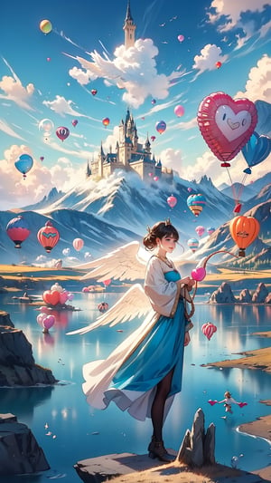 A 20-year-old woman looking in the direction of an unknown object (a familiar face) Angel, angel wings, balloons, heart balloons, wind, rope, earth landscape, medieval castle, lake, mountains, clouds, clear sky, colorful balloons (balloons: 1.5) Blue and white tones, smiles, epic, Celestia, fantasy world, beautiful world.