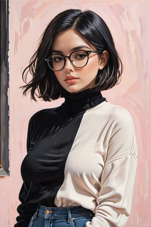 !
{{A shy and charming}} depiction of {a solo girl} with {a bob cut} framing her face, showcasing {her black hair} and {black eyes} behind {glasses}. She possesses {huge breasts}, giving her a striking silhouette. Her attire includes {a black turtleneck sweater} paired with {white denim pants}, adding a touch of contrast to her ensemble. The girl's cheeks are tinged with {blush}, indicating her {embarrassed} demeanor. The scene is set in {a room}, with the perspective captured {from below}, adding depth to the composition. This image, inspired by the theme of r1ge, focuses on conveying a sense of {shyness} and {vulnerability}.