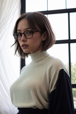 {{A shy and charming}} depiction of {a solo girl} with {a bob cut} framing her face, showcasing {her black hair} and {black eyes} behind {glasses}. She possesses {huge breasts}, giving her a striking silhouette. Her attire includes {a black turtleneck sweater} paired with {white denim pants}, adding a touch of contrast to her ensemble. The girl's cheeks are tinged with {blush}, indicating her {embarrassed} demeanor. The scene is set in {a room}, with the perspective captured {from below}, adding depth to the composition. This image, inspired by the theme of r1ge, focuses on conveying a sense of {shyness} and {vulnerability}